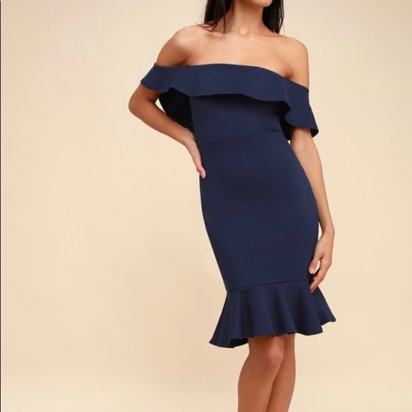 Lulu’s Navy Blue Off-The-Shoulder Ruffle Bodycon Dress Size Small - Picture 1 of 7